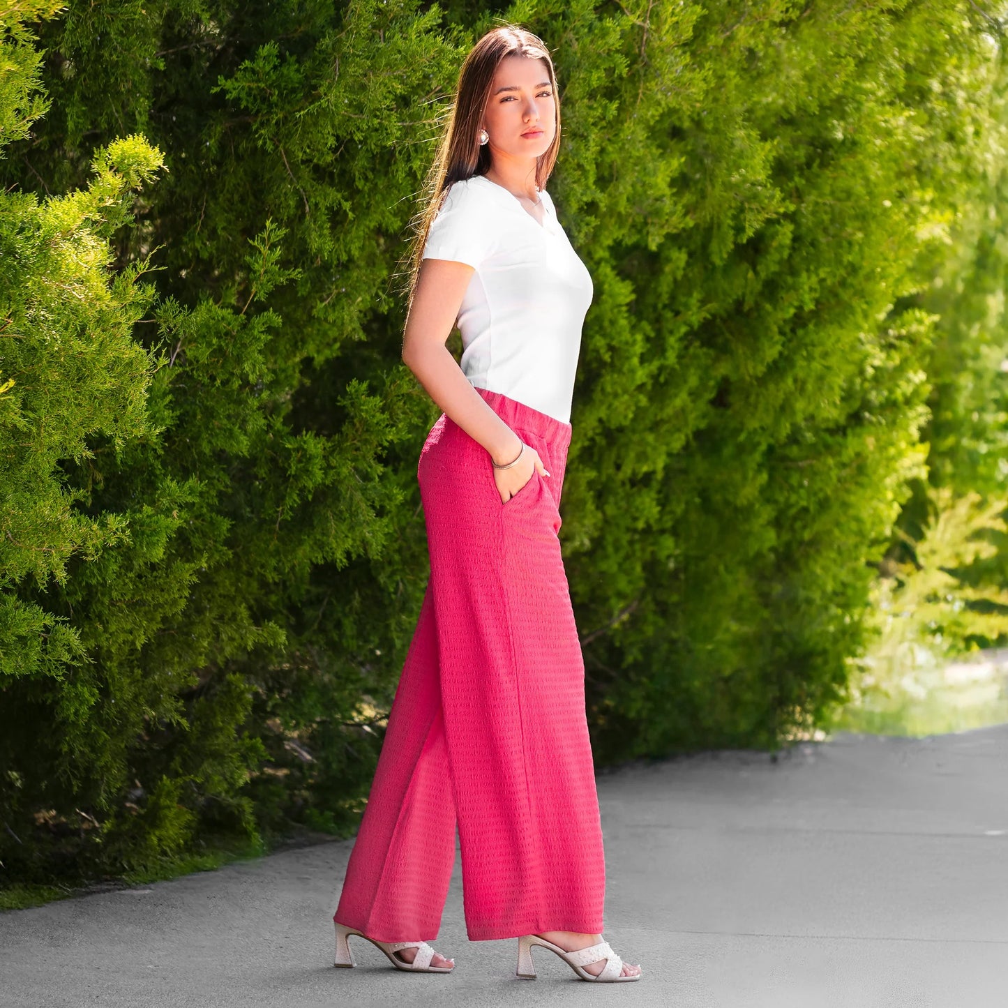 Wide Leg Textured Pants with Pockets