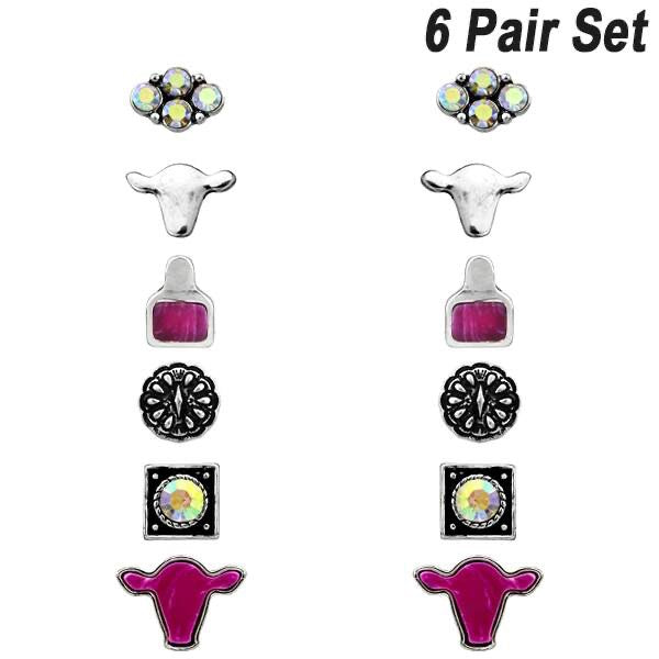 6PCS WESTERN STUD EARRINGS - PINK