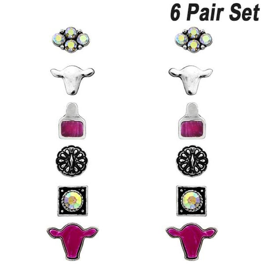 6PCS WESTERN STUD EARRINGS - PINK