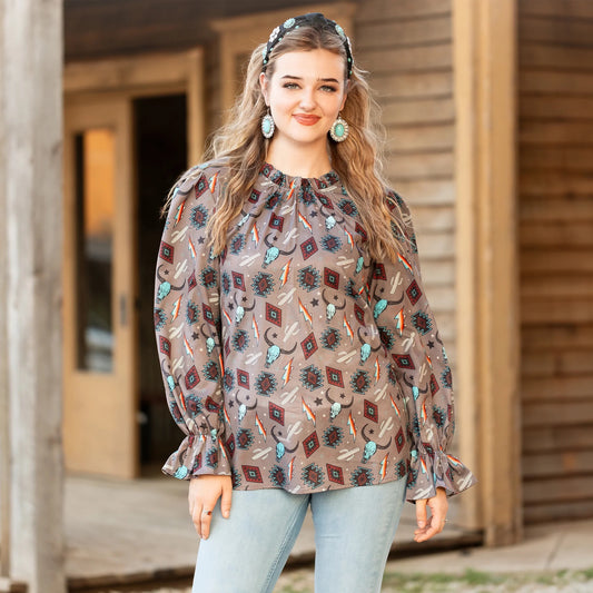 Western Print Ruffle Long Sleeve Top