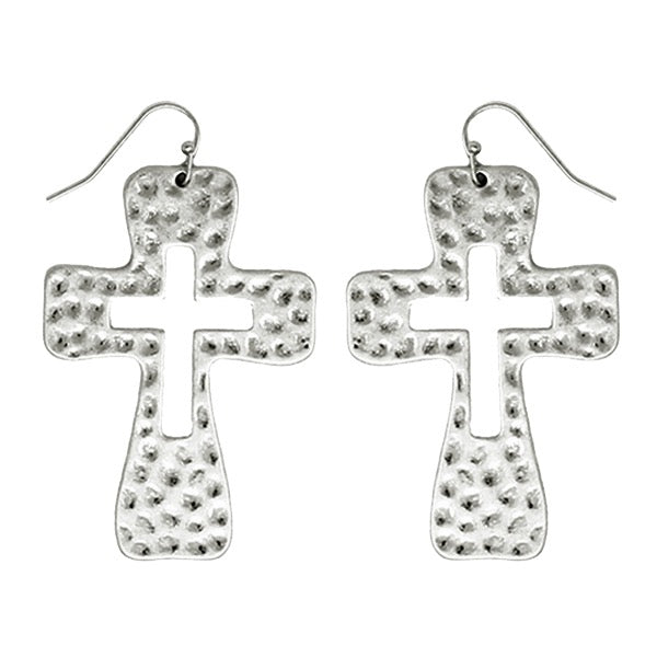 METAL HAMMERED CROSS EARRINGS - SILVER