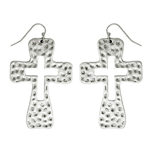 METAL HAMMERED CROSS EARRINGS - SILVER