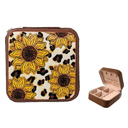 WESTERN SUNFLOWERS TOOLED LEATHER TRAVEL JEWELRY BOX