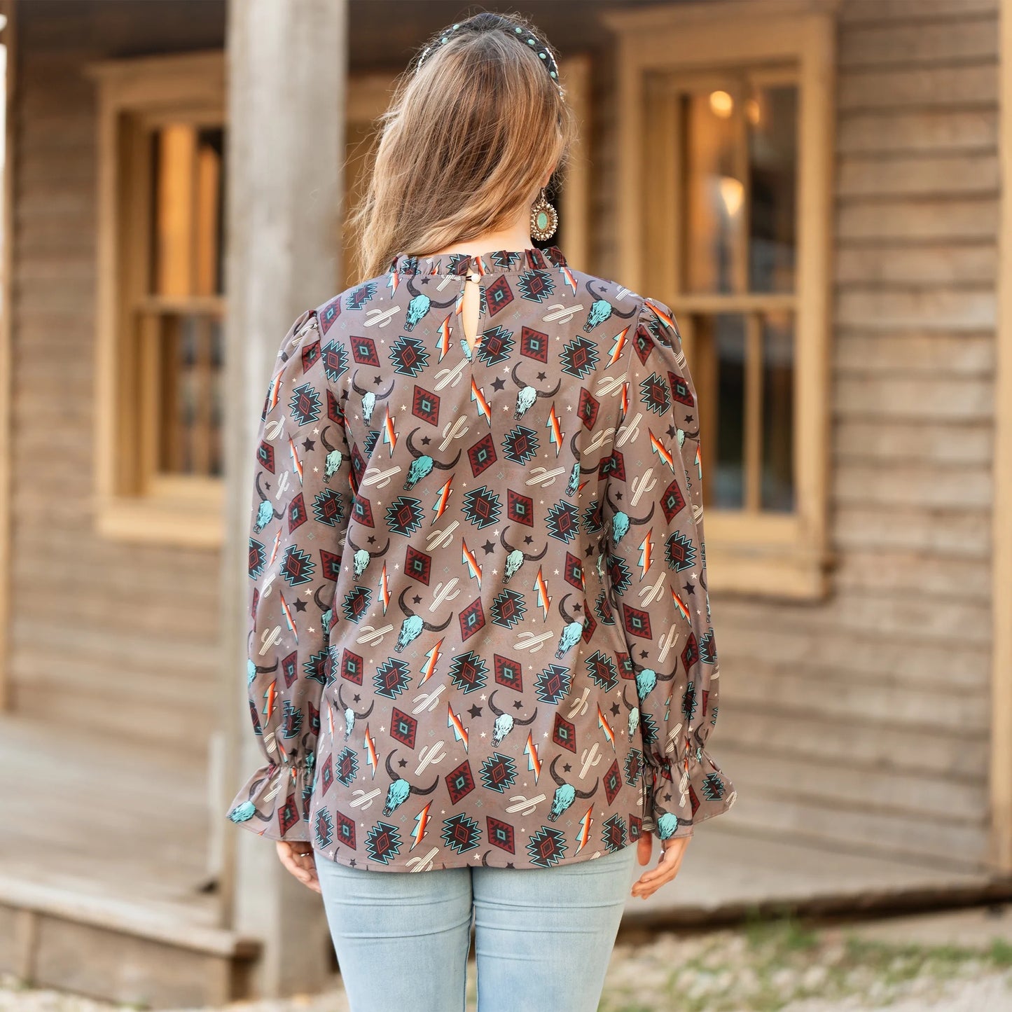 Western Print Ruffle Long Sleeve Top