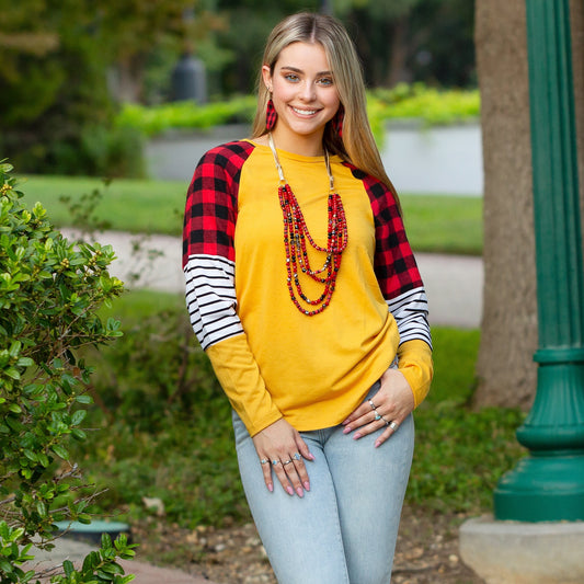 Buffalo Plaid and Stripes Long Sleeve Top