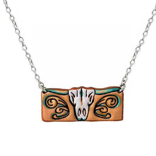 WESTERN TOOLED LEATHER BAR STEERHEAD NECKLACE - SILVER / MULTI