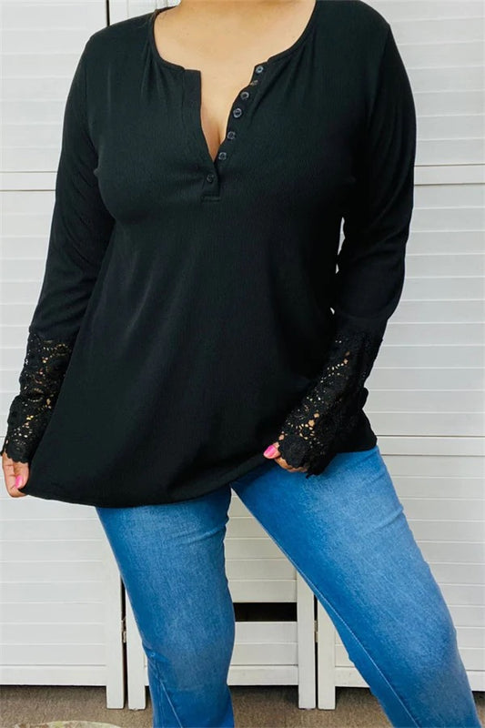 Long sleeve tops w/button and lace