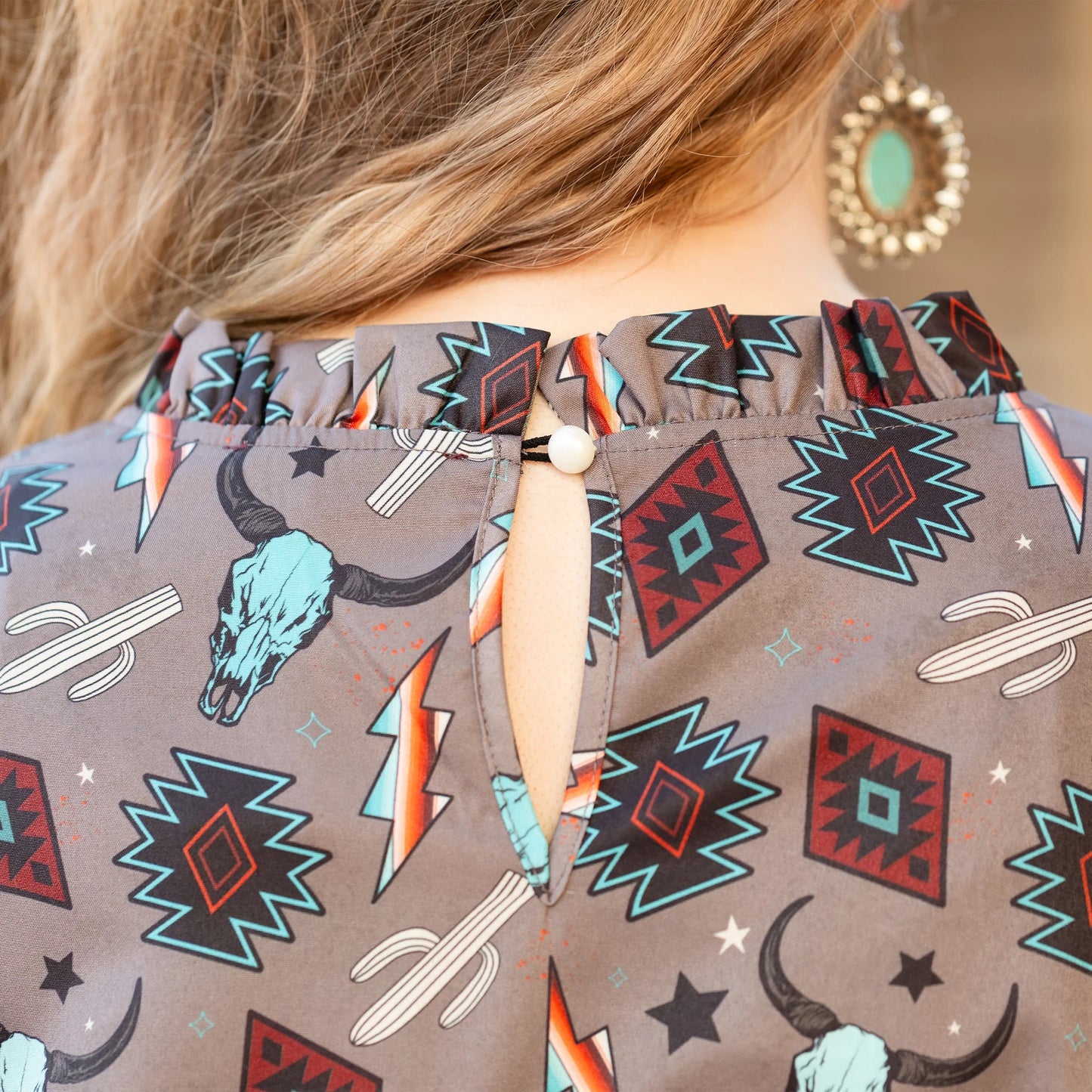 Western Print Ruffle Long Sleeve Top