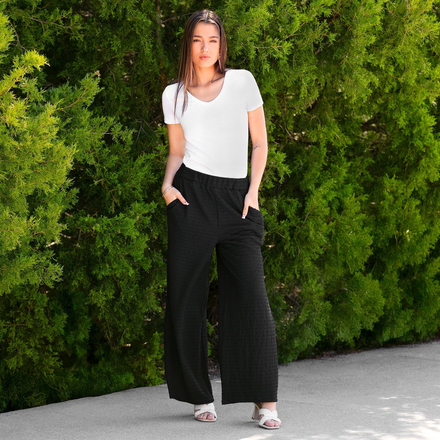 Wide Leg Textured Pants with Pockets