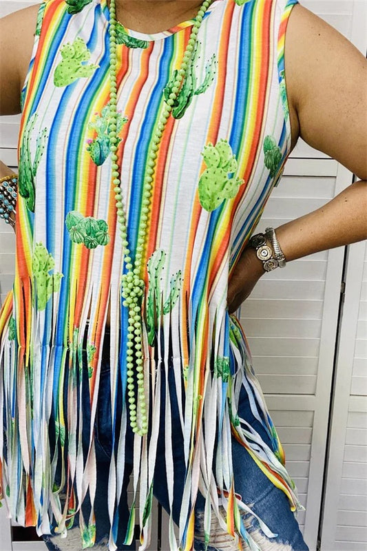 Striped & Cactus printed tank top w/fringe tassels