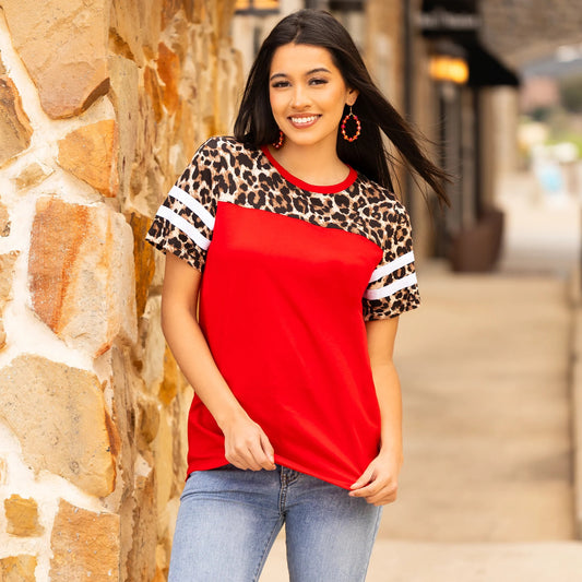 Half Sleeve Leopard Top with Stripes
