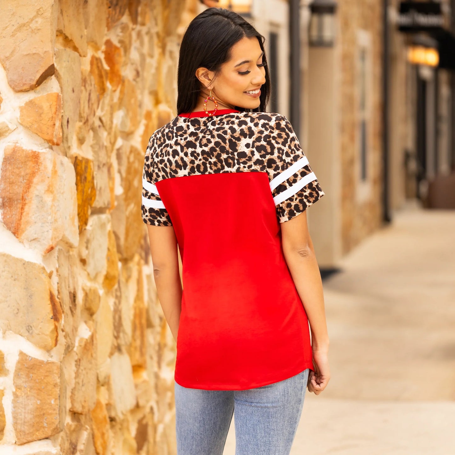 Half Sleeve Leopard Top with Stripes