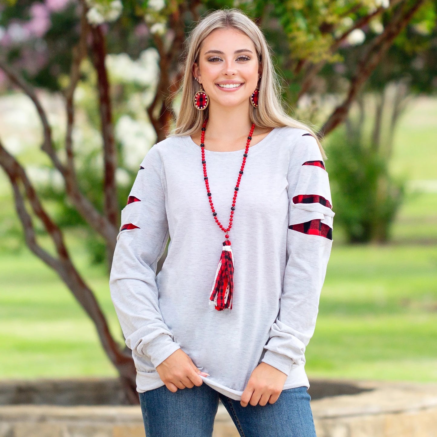 Game Day Long Sleeve Buffalo Plaid Cut up Top - Marble