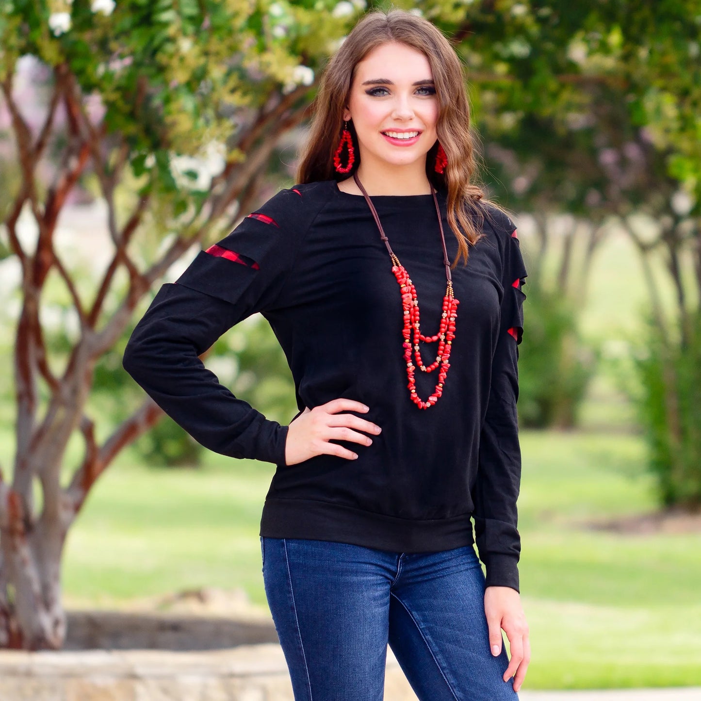 Game Day Long Sleeve Buffalo Plaid Cut up Top - Black
