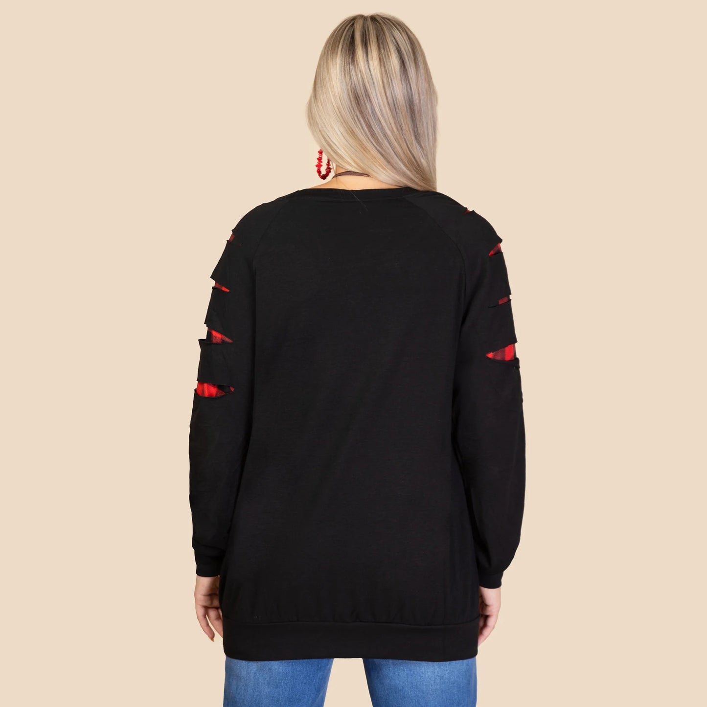 Game Day Long Sleeve Buffalo Plaid Cut up Top - Black