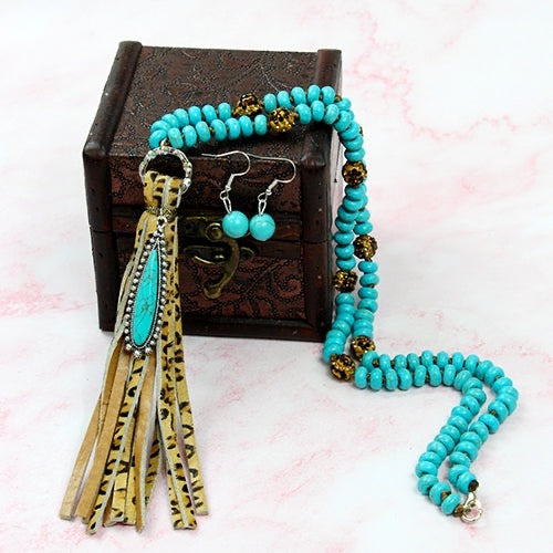 32" Turquoise and Tassels Necklace AND EARRINGS