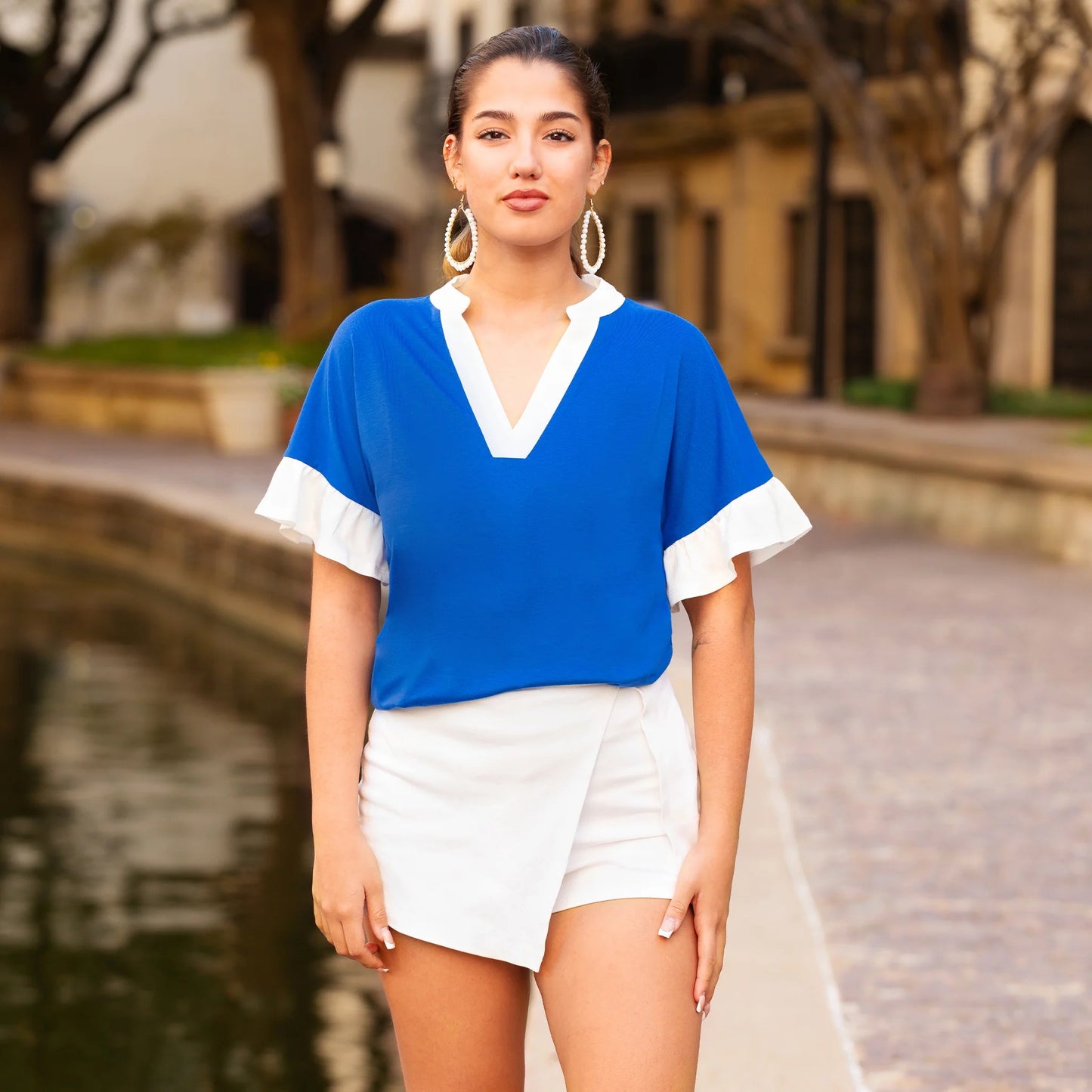 Ruffle Sleeves V-Neck Top with White Trim