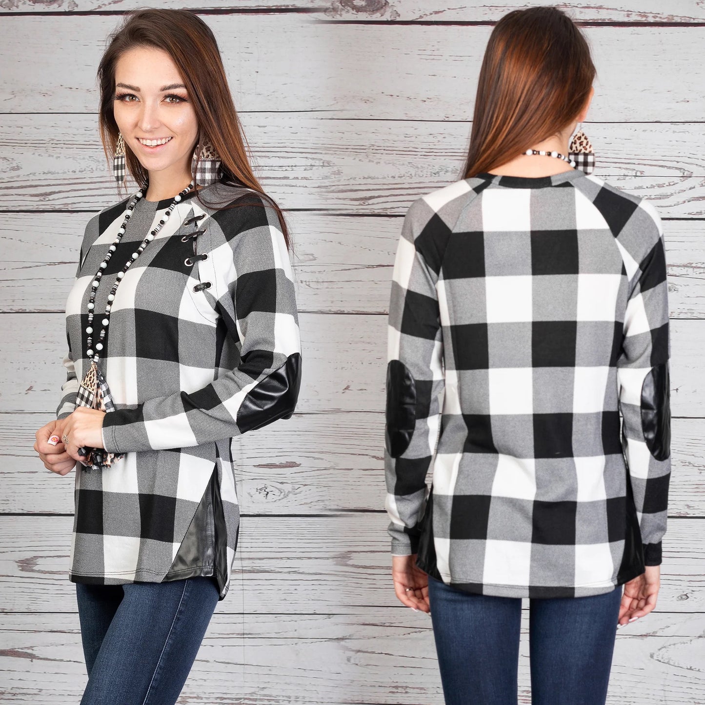 Buffalo Plaid Top with Suede Elbow Patch and Buckle - White Plaid