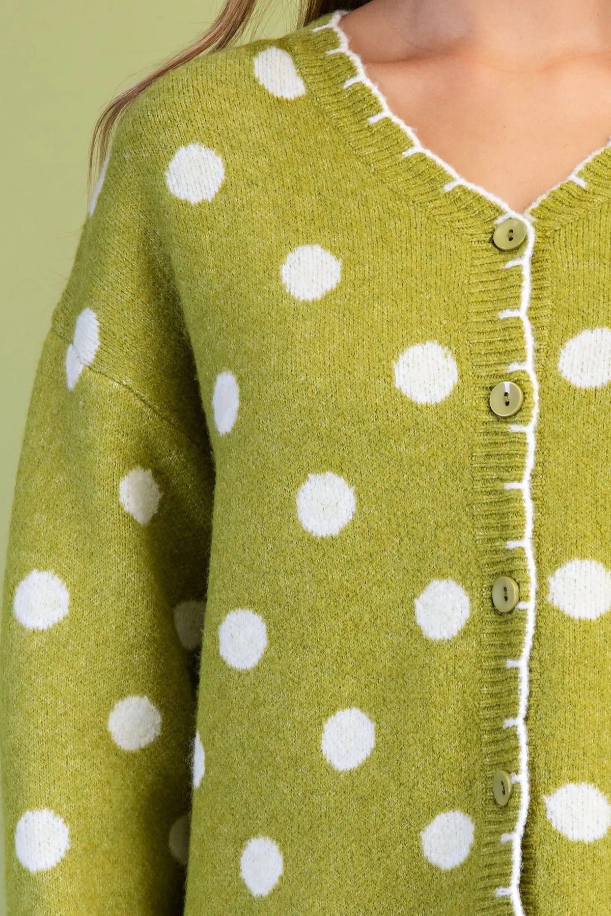 Polka-Dot Button Down Cardigan with Blanket Stitch Details