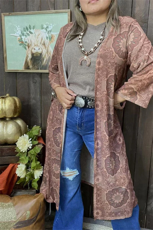 Tan floral printed 3/4 sleeve women cardigan
