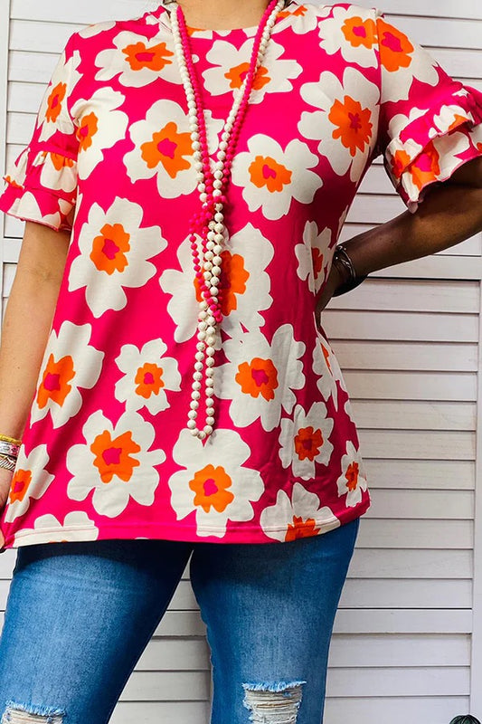 Flower printed top w/double ruffle sleeve