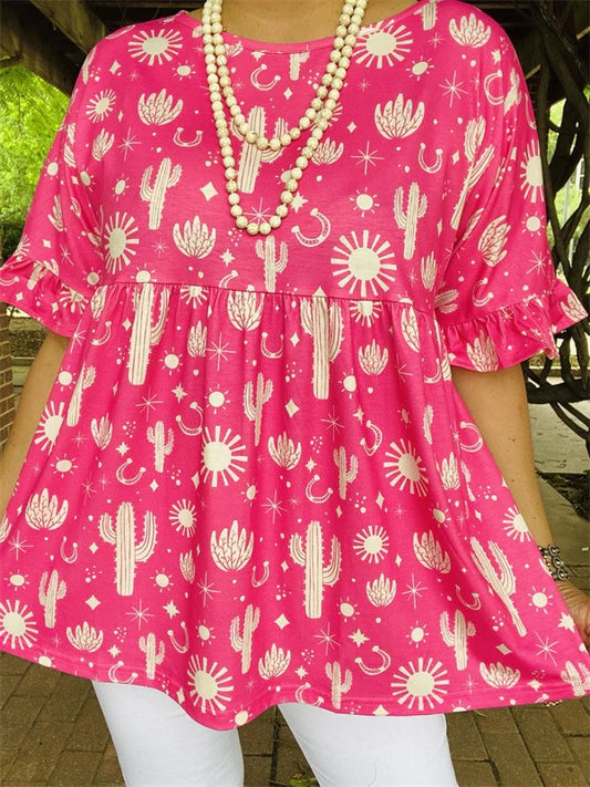 Cactus print ruffle short sleeve baby-doll top