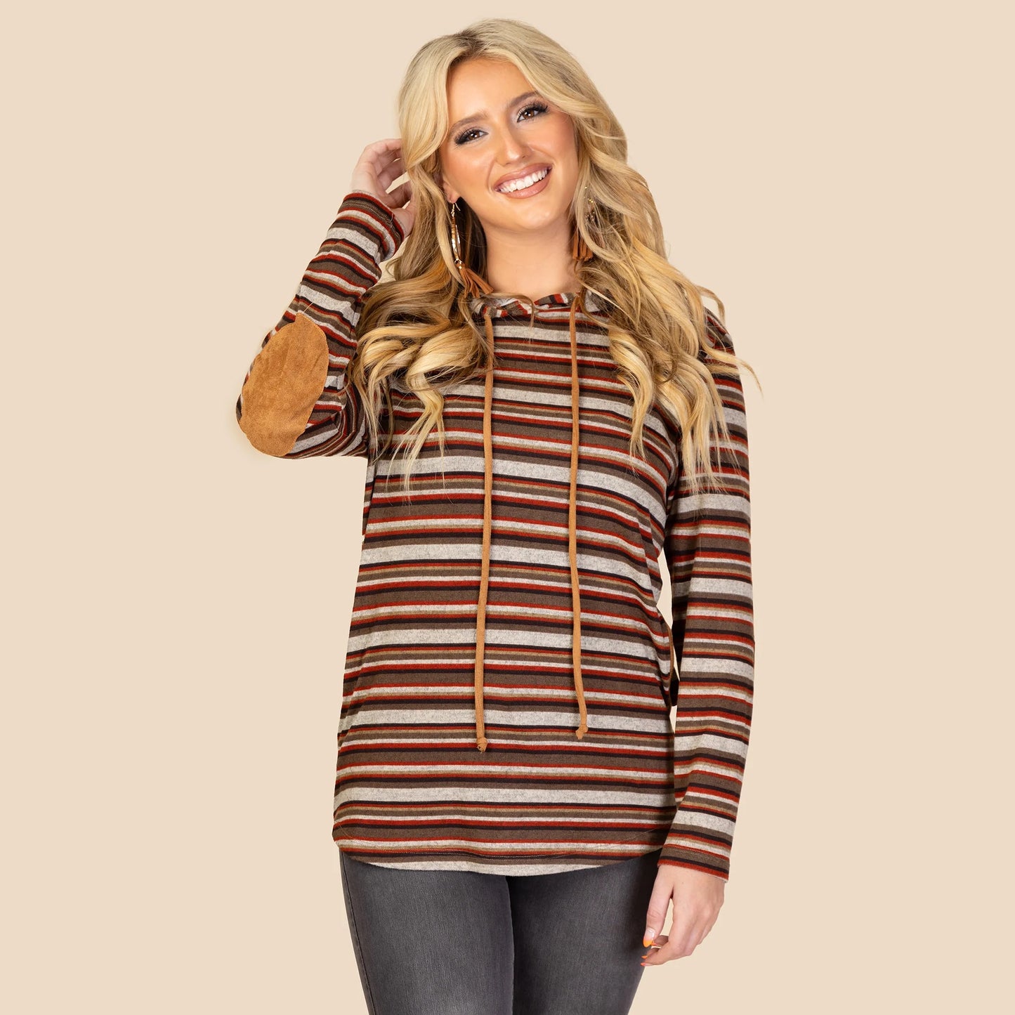 Striped Hoodie with Elbow Patches and Pockets