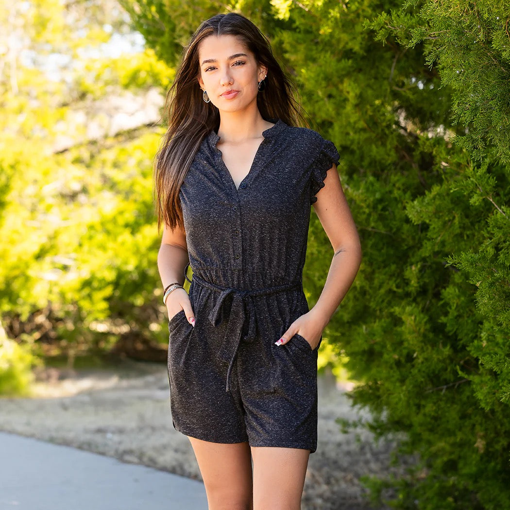 V-Neck Ruffle Sleeve Romper with Pockets