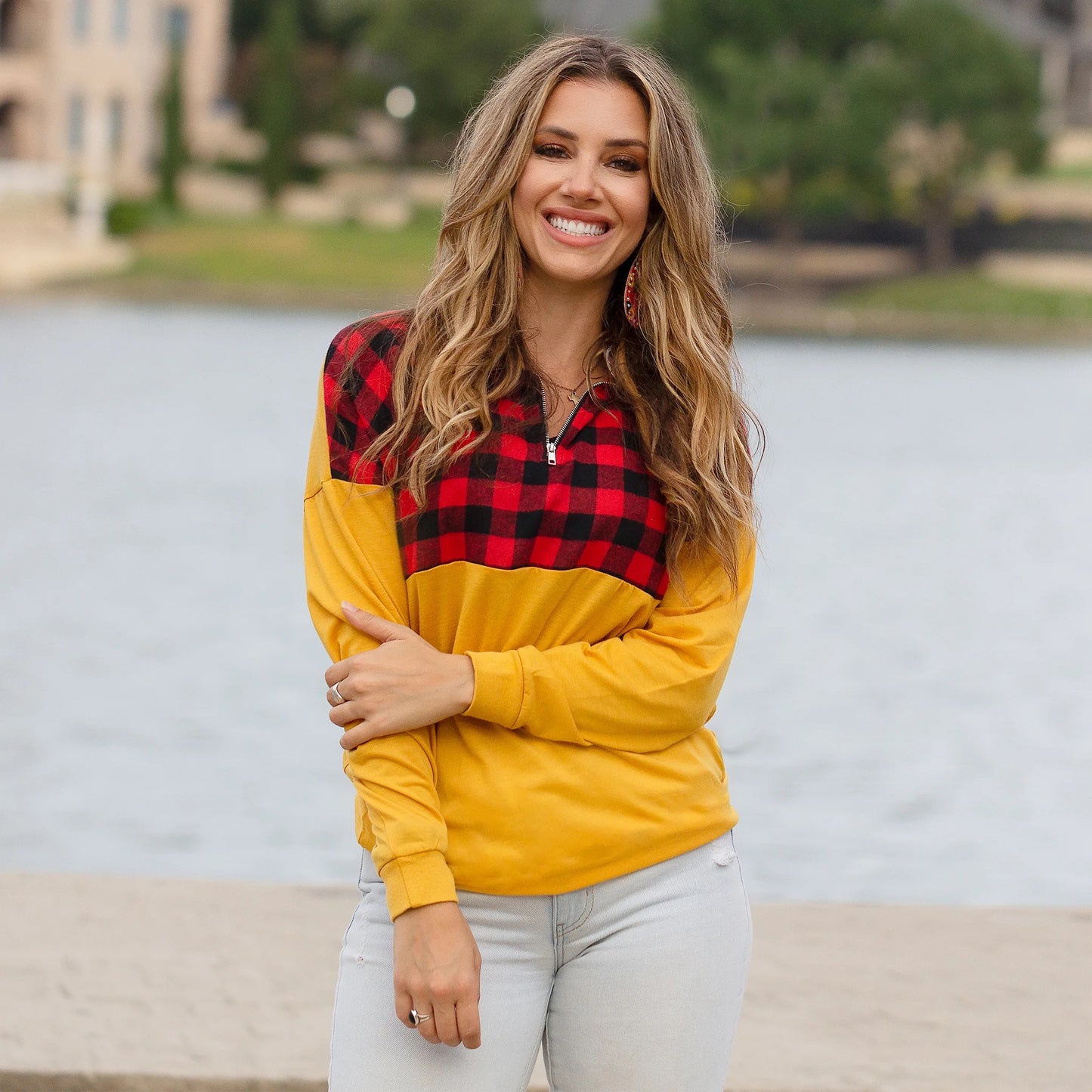 Buffalo Plaid Zip Up Top