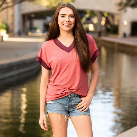 V - Neck Ribbed Fabric Half Sleeve Top