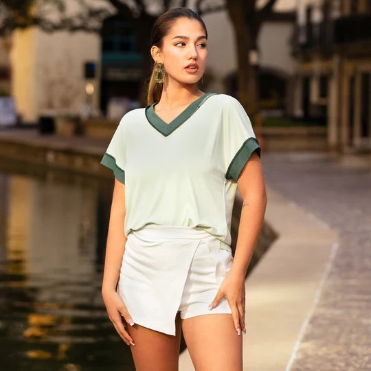 V - Neck Ribbed Fabric Half Sleeve Top