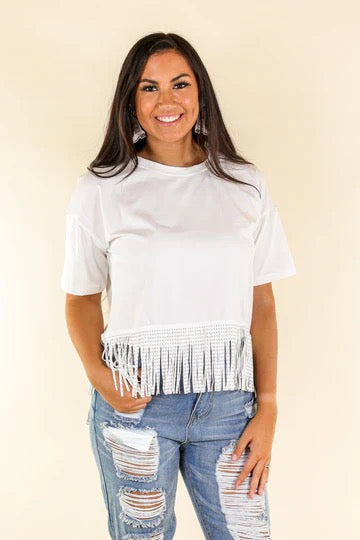 HERE FOR THE SHOW STUDDED FRINGE CROP TOP, WHITE