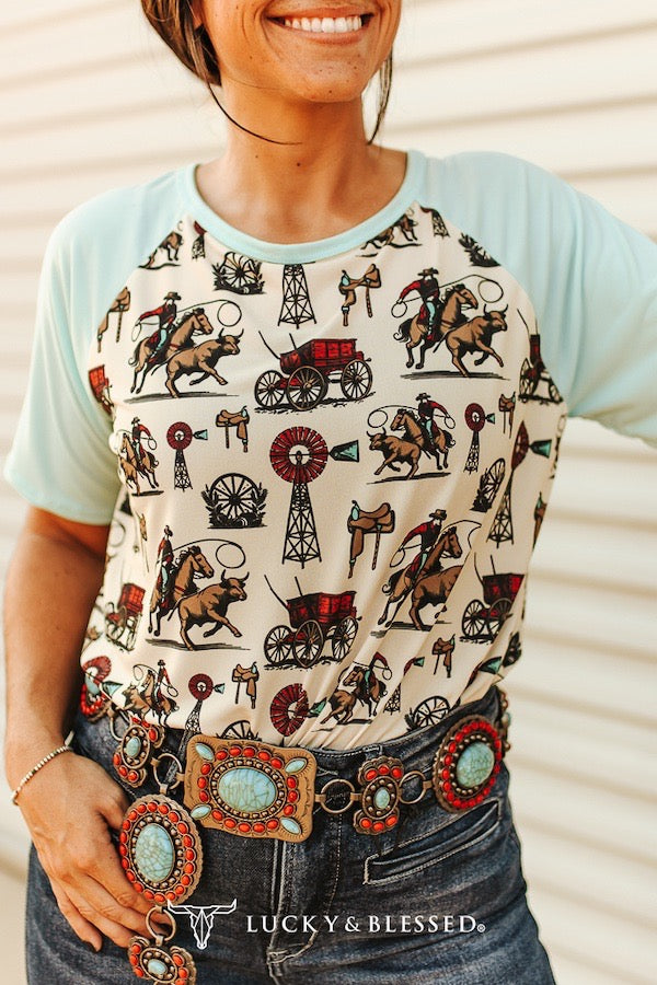 Western Cowboy Printed Body Light Blue Short Sleeve Top