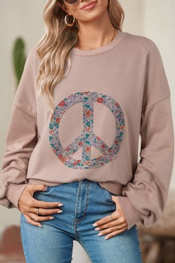 Floral Peace Symbol Drop Shoulder Sweatshirt