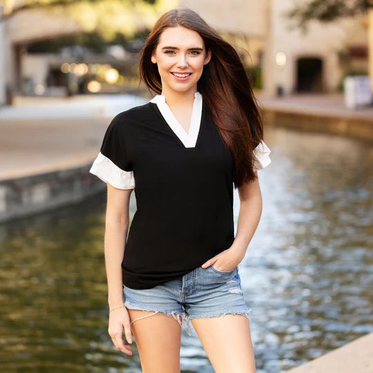 Ruffle Sleeves V-Neck Top with White Trim
