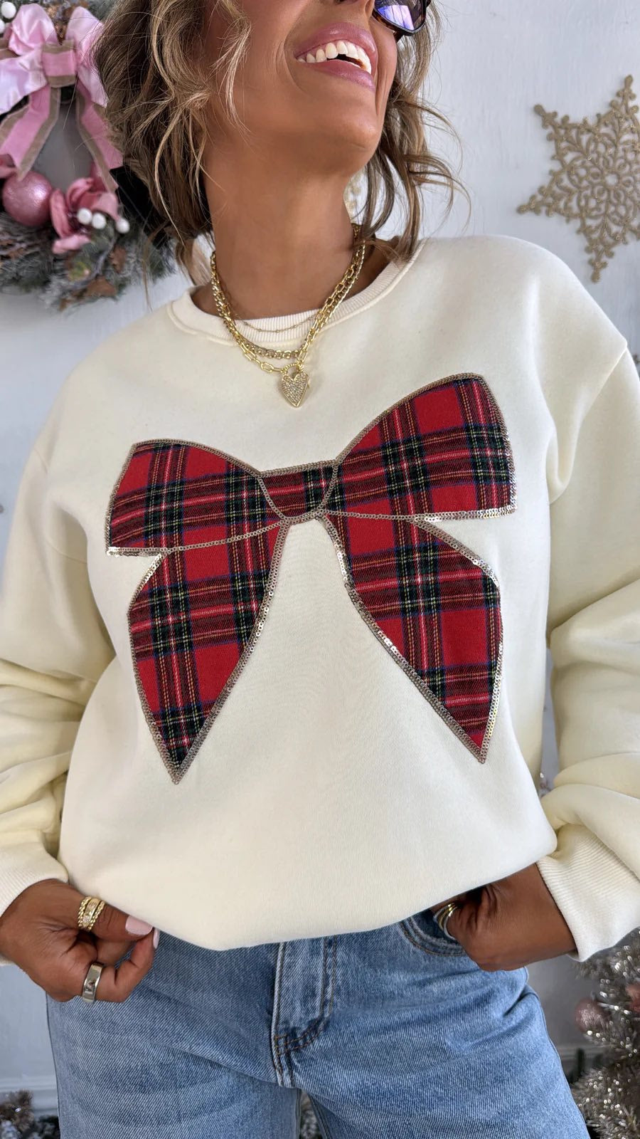 SHE + SKY LONG SLEEVE CHRISTMAS PLAID BOW KNIT TOP