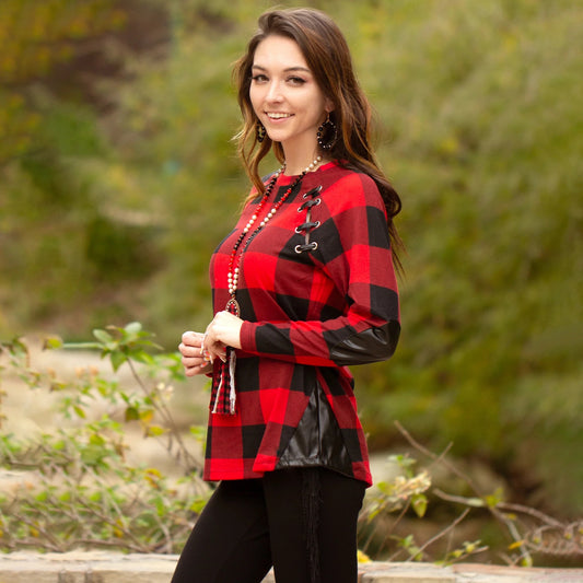 Buffalo Plaid Top with Suede Elbow Patch and Buckle - Red Plaid