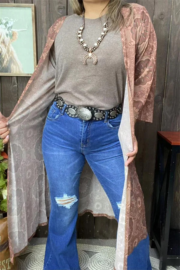Tan floral printed 3/4 sleeve women cardigan