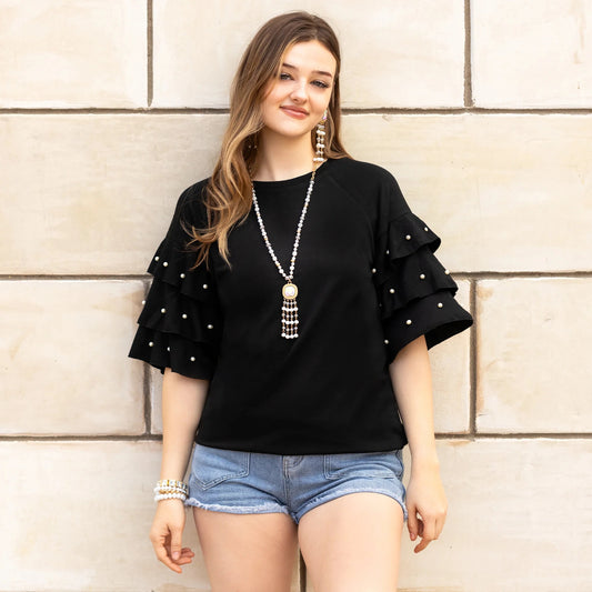 Ruffle Sleeve Pearl Embellished Top