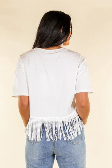 HERE FOR THE SHOW STUDDED FRINGE CROP TOP, WHITE