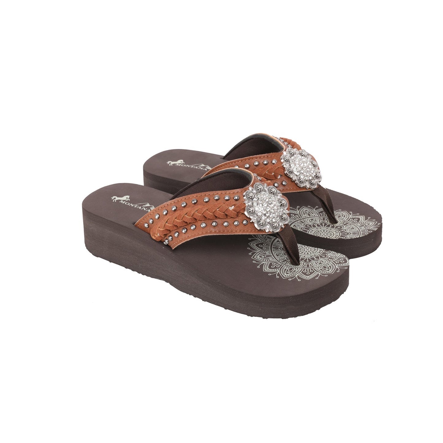 Mandala Silver Floral Rhinestones Concho FLIP FLOP