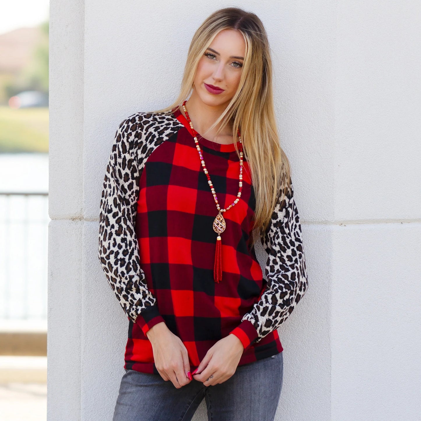 Buffalo Plaid Top with Leopard Sleeves