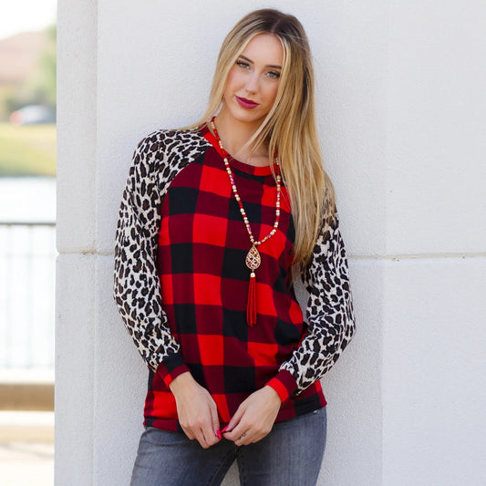 Buffalo Plaid Top with Leopard Sleeves