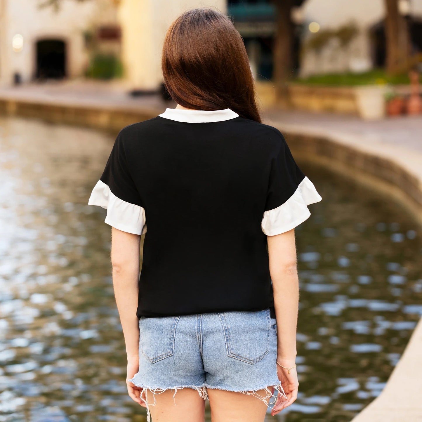 Ruffle Sleeves V-Neck Top with White Trim