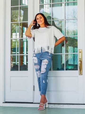 HERE FOR THE SHOW STUDDED FRINGE CROP TOP, WHITE
