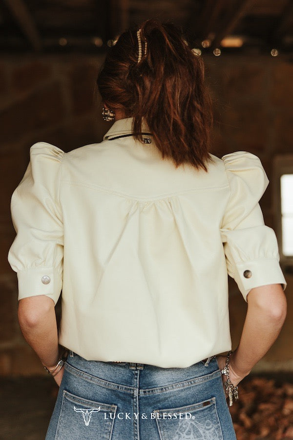 Ivory Faux Leather Puff Half Sleeve Button Down Shirt