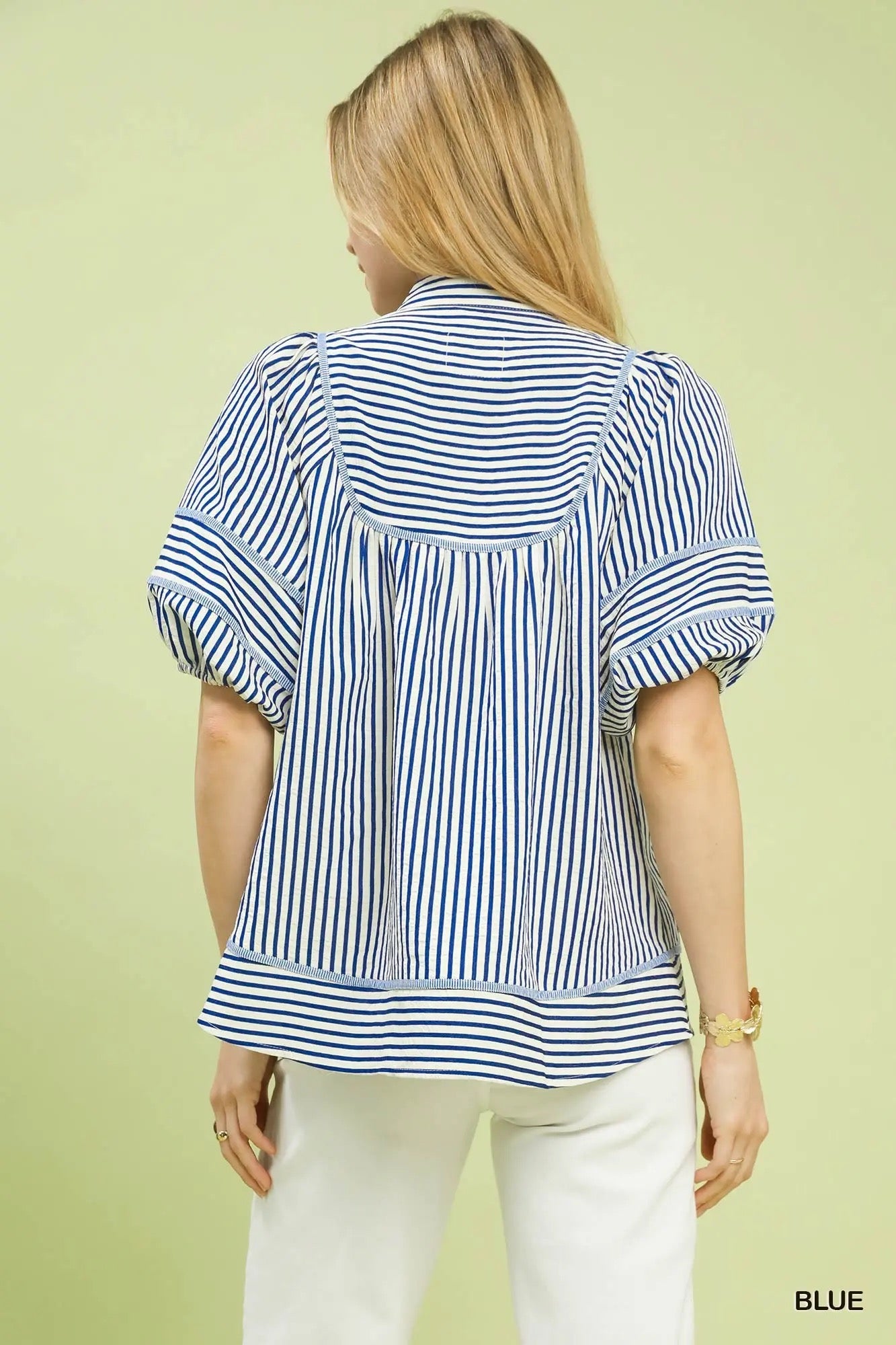 Striped Puff Sleeve Babydoll Top BLUE