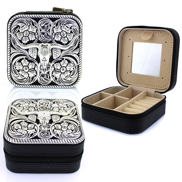 WESTERN STEERHEAD METAL PLATE JEWELRY BOX - BLACK / SILVER