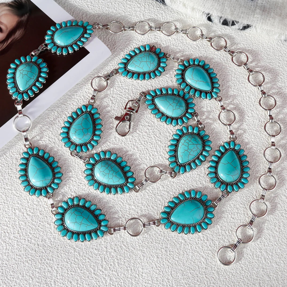 Rustic Couture Oval Stone Concho Link Chain Belt
