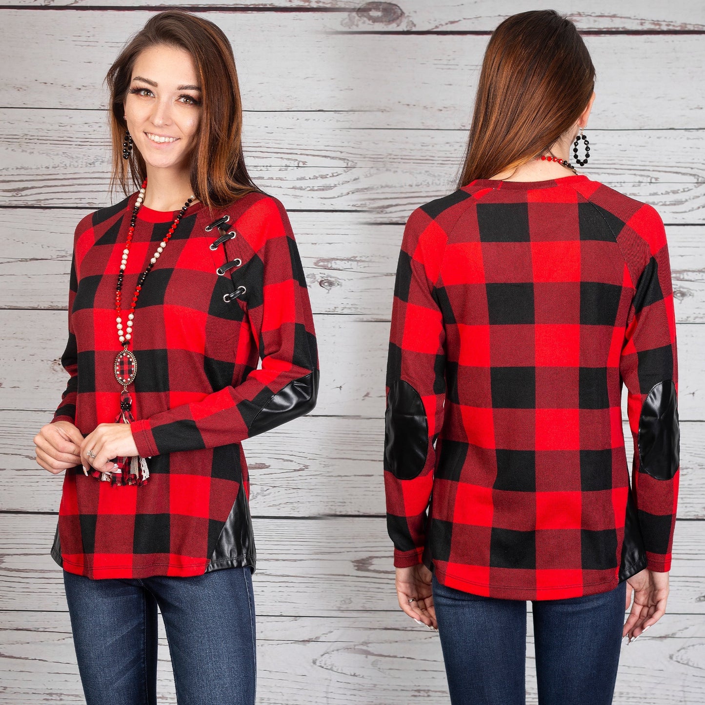 Buffalo Plaid Top with Suede Elbow Patch and Buckle - Red Plaid
